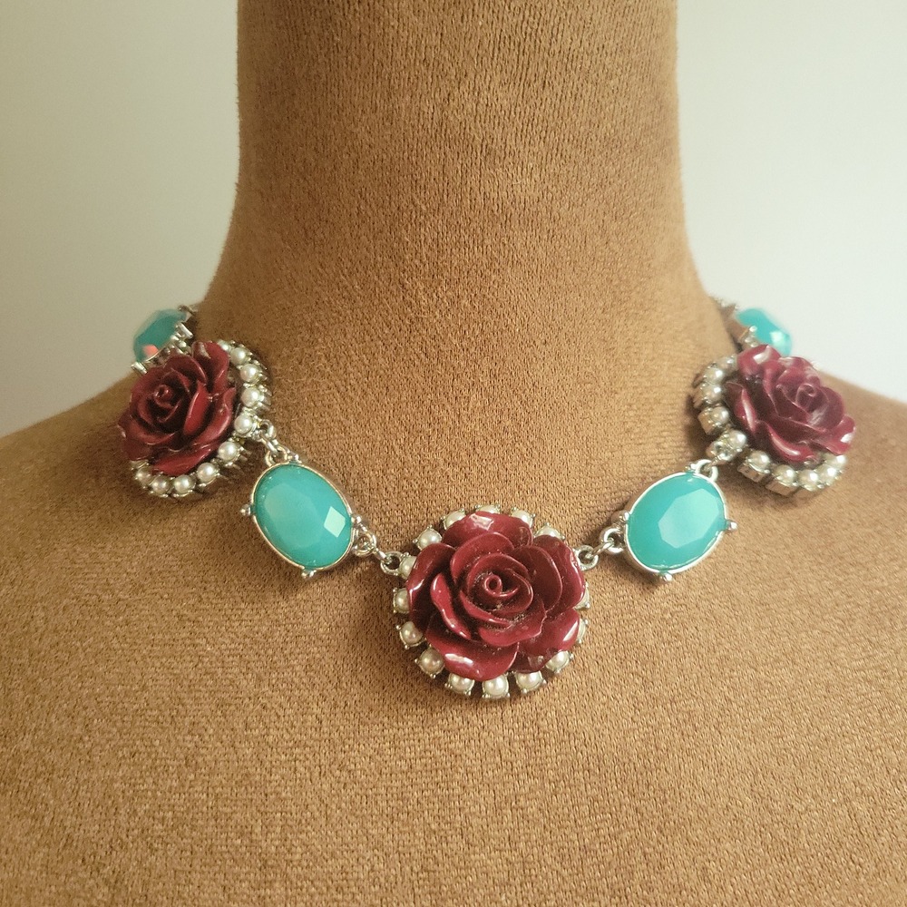 Lia Sophia Red Rose Turquoise Faux Pearl Statement Necklace 15-18L Cottagecore